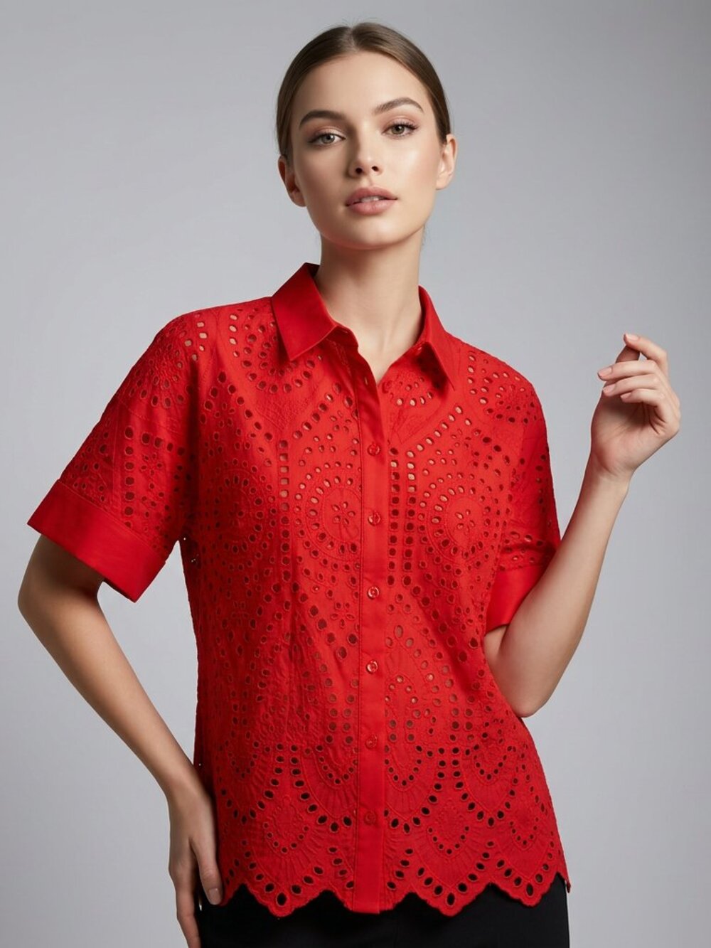 Red Love Ryan blouse with eyelet lace trim, size 2X, 100% cotton.